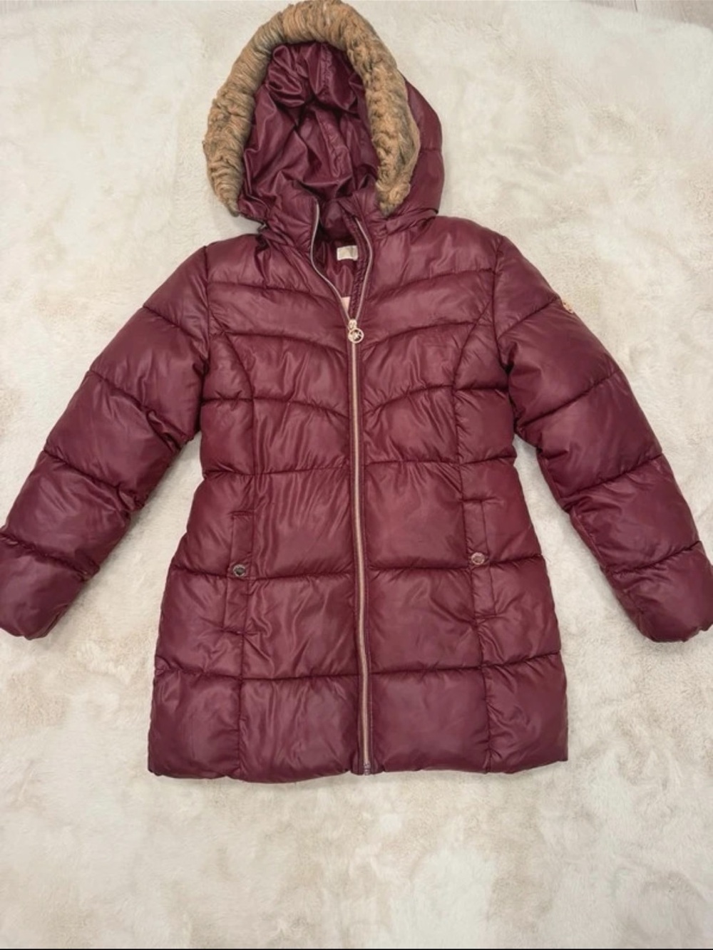 MICHAEL Michael Kors Girls Burgundy Hooded Puffer Coat with Faux Fur Trim